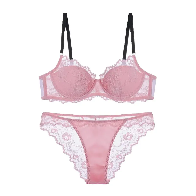 Sexy Lace Bralette & Panty Set with Push Up Steel Ring Large Size Thin Lingerie for Women