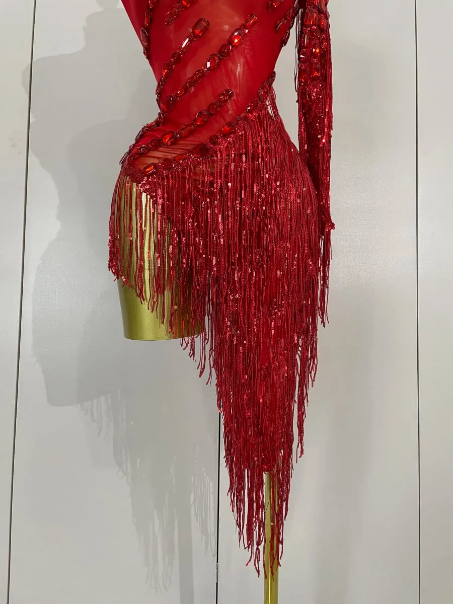 Strass brilhantes borla sexy vestido transparente feminino um ombro roupas de dança latina bar boate festa palco traje — image 7