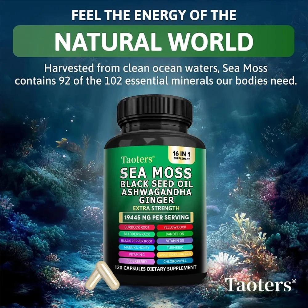 Dietary Supplement with Sea Moss Black Seed Oil Ashwagandha & Ginger - Helps Skin Health Immune Support Improve Sleep & Mood — image 4