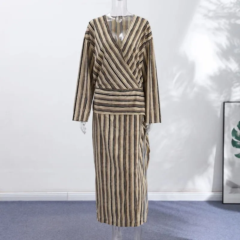 Casual listra maxi vestidos femininos soltos mangas completas profundo decote em v tornozelo comprimento vestido 2026 novas senhoras verão férias praia outfit