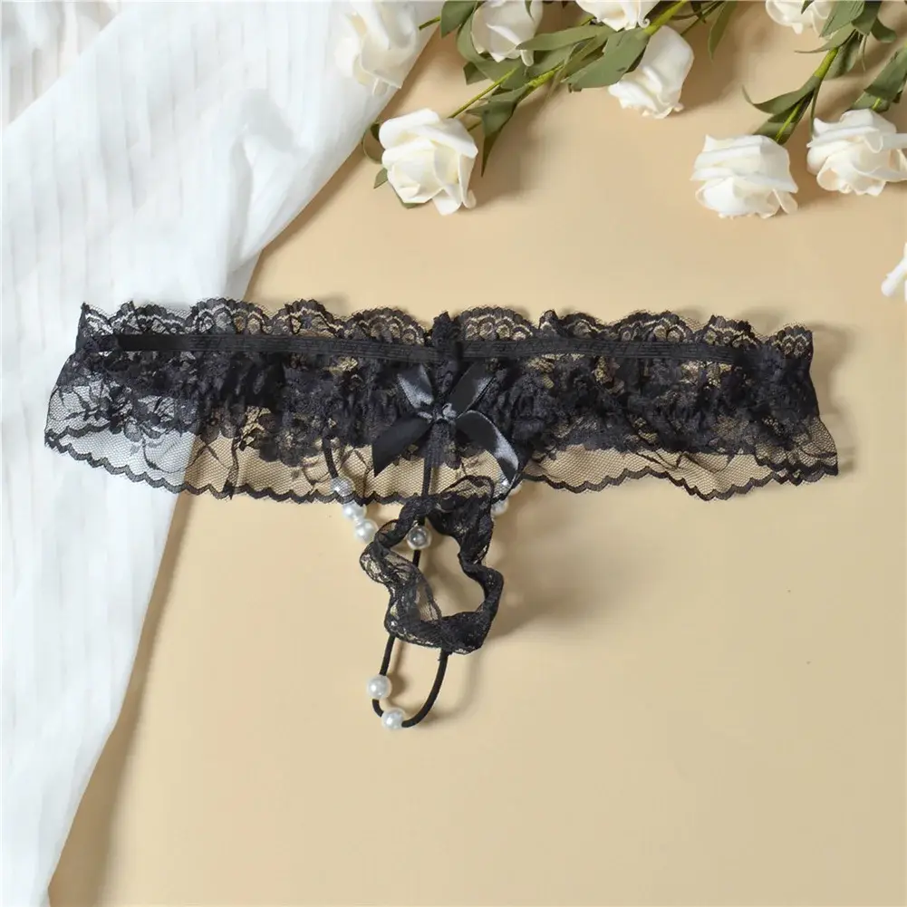 Men Lace T-Back Underwear Bow Elastic Waist G-String Pearl Lingeries For Man Sissy Panties Sexy Accessories Thongs Men's Panties — image 15