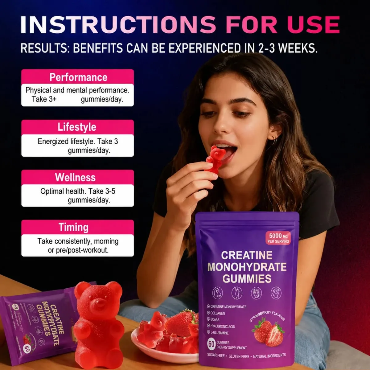 Creatine Gummies with Collagen BCAA Hyaluronic Acid Vitamin D3 Zinc Fitness Supplement for Active Adults Workout Support Sugar