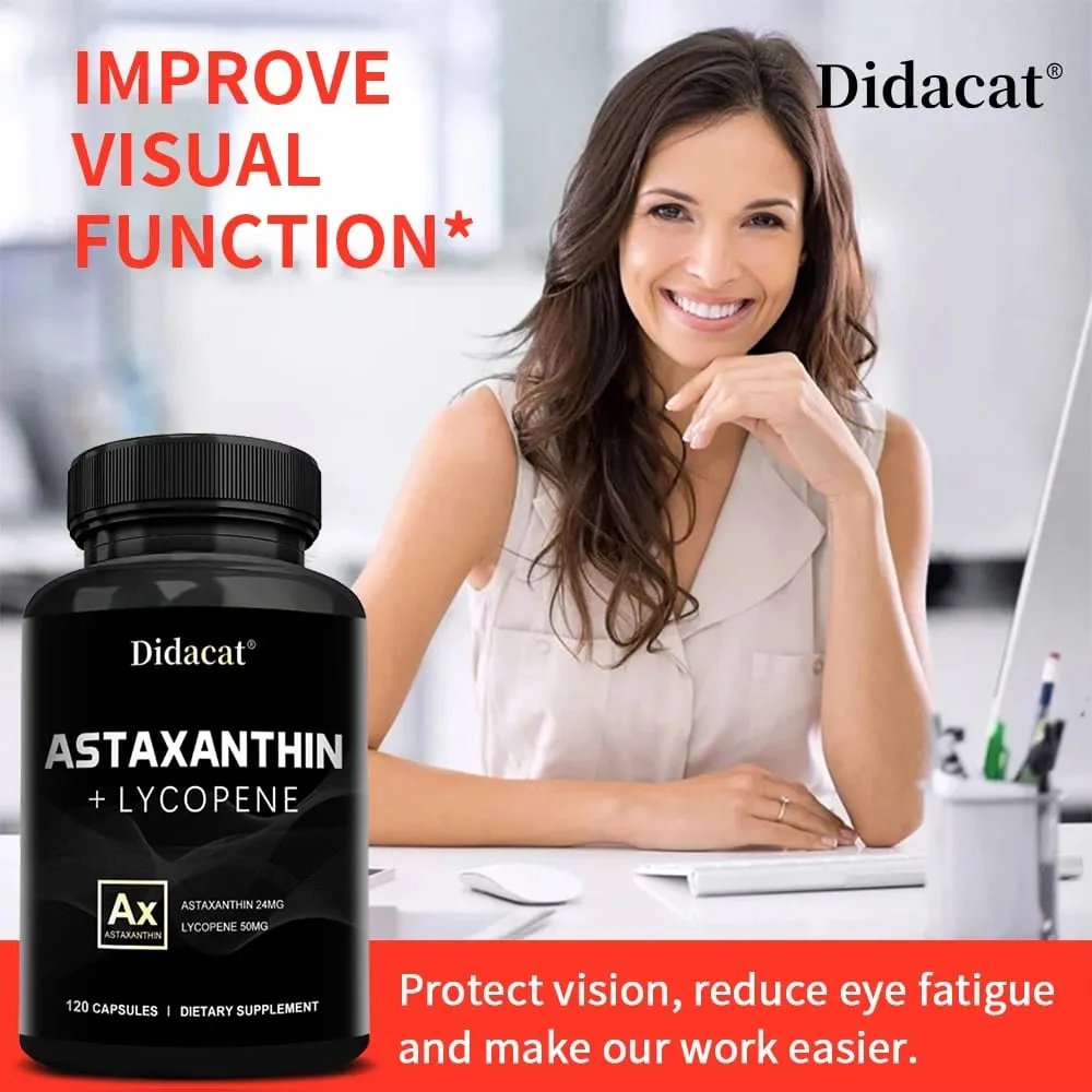 Astaxanthin 24 mg + Lycopin 50 mg Natürliches Antioxidans aus Mikroalgen. Astaxanthin-Ergänzung unterstützt die Gesundheit der Augenhaut, ohne GVO