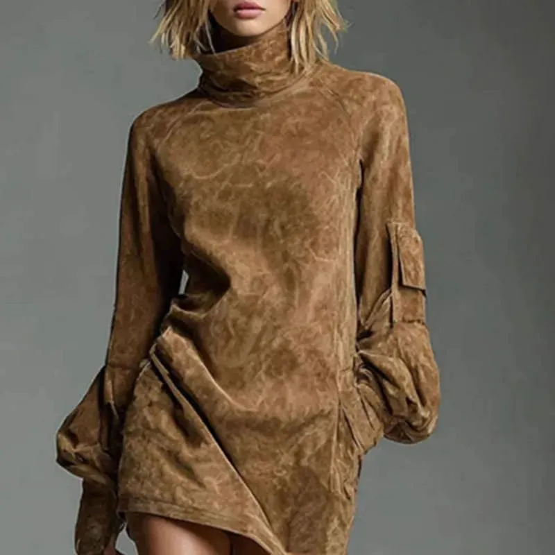 Autumn Retro Solid Suede Mini Short Dresses Sexy Turtleneck Slim Woman Pullover Dress Winter Long Sleeve Pockets Female Clothing