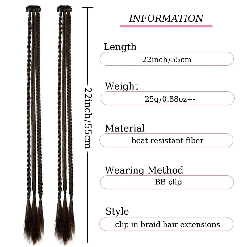 1Pc Clip in Braid Hair Extensions Wig 22inch Synthetic Braided Hairpiece 3 Braids on One Clip for Women Daily Costume Party Use — image 3