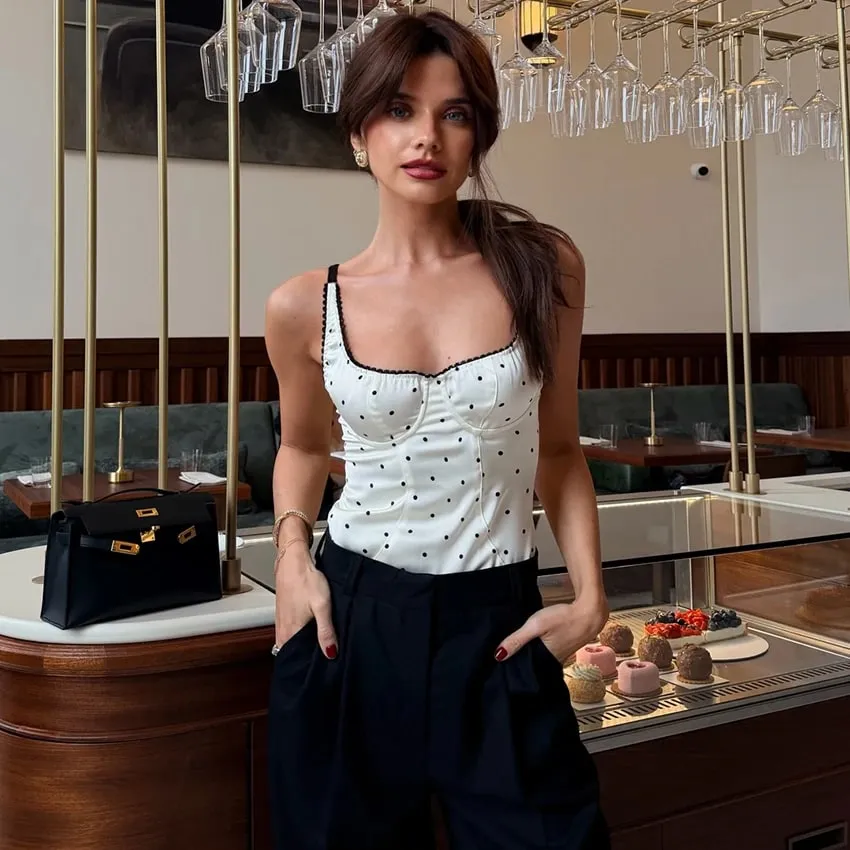 Linad Sexy Backless Polka Dot Tank Top Elegant Satin Spaghetti Strap Lace Camis Street Chic Sleeveless Vest Female 2025 Summer — image 3