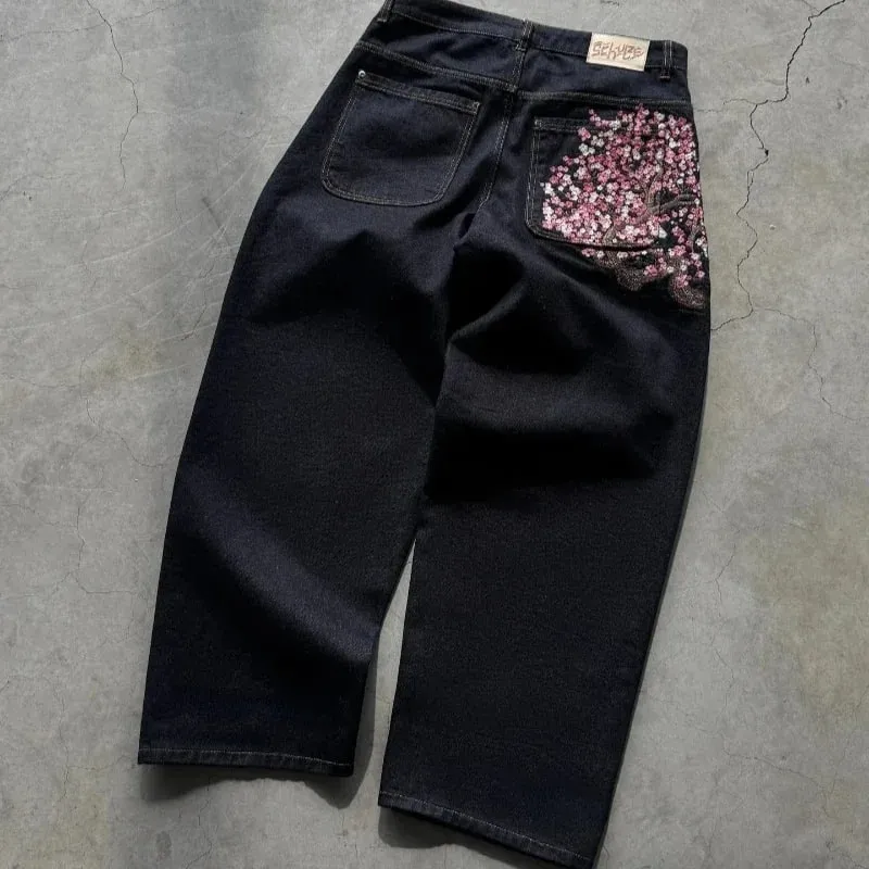New Sakura Carp Embroidered Jeans Y2k Harajuku Retro Men and Women Loose Street Style Trousers Gothic Punk Casual Straight Jeans — image 6