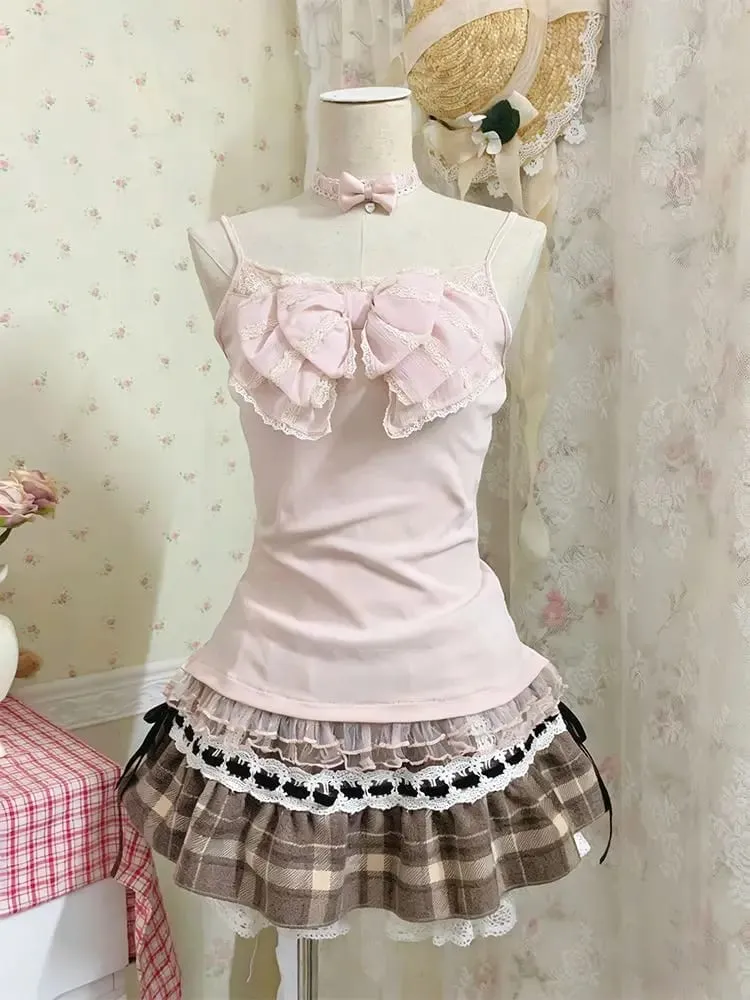 Vestidos doces conjunto de 3 peças y2k 90s crop top kawaii sexy harajuku japonês estilingue + top + mini saia de renda slim verão moda vestido chique — image 3