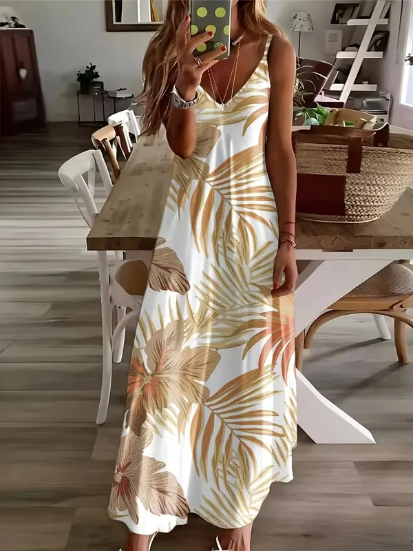 Printed Design Casual Wind Palmette Floral Slip Dress