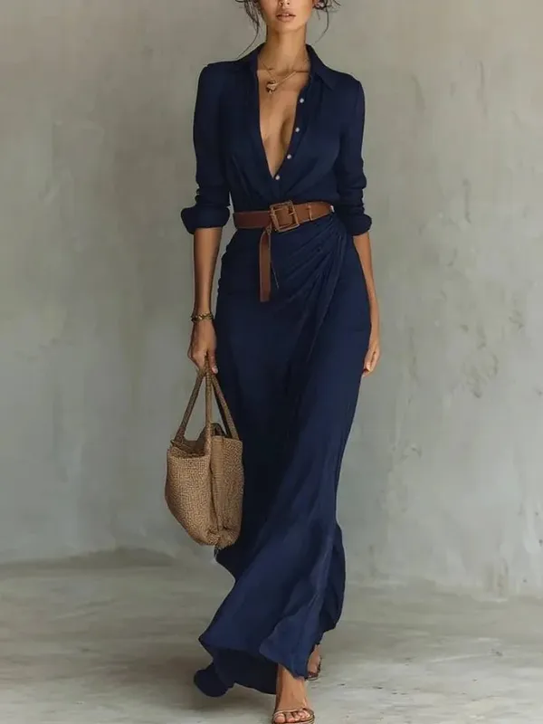 Fashion Sexy Single-breasted V-neck Long-sleeved Dress For Women Elegant Spring Autumn Solid Color Irregular Belt Dresses Female — image 8