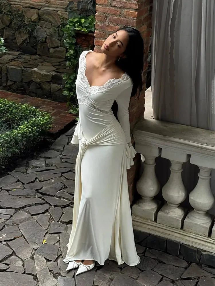 Mulheres elegante manga longa profundo decote em v maxi vestido branco fino ajuste ruched rendas retalhos cintura alta festa de casamento sexy vestido de noite