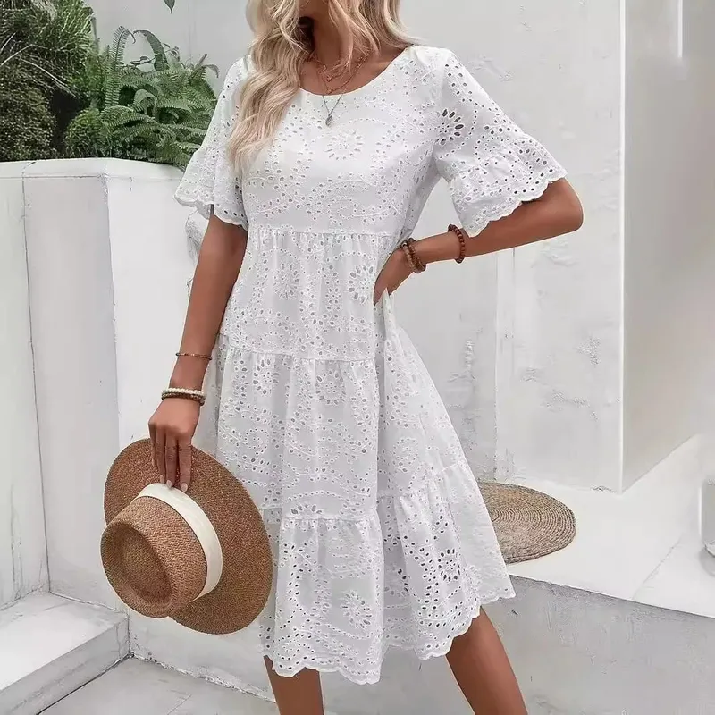 Pambabaeng White Eyelet Embroidery Midi Dress Hollow-out Boho Flowy Ruffle Tiered Dress Casual Short Sleeve Summer Beach Dresses