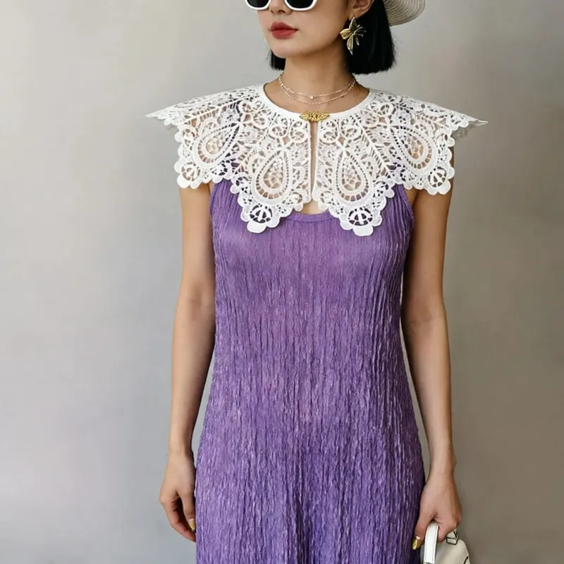 Pleated Sleeveless Elastic Long Dresses Women Vintage Palace Style Womens Black White Doll Fake Collar Soft Midi Dress Clothing — image 4
