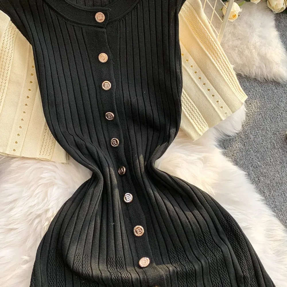 YuooMuoo Women Dress 2026 Spring at Summer Elegant Patchwork One-Piece Knitted Maxi Dress Office Lady Slim Waist Sweater Dress — image 4