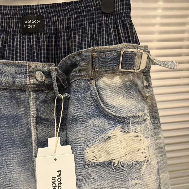 Trend Fashion Street Style Fake Two Piece Double Waist 3D Printed Digital Printed Ripped Baggy Protocol Index Jeans — image 2