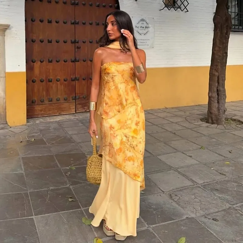 Floral impressão halter pescoço recorte maxi vestido em camadas plissado sem mangas 2026 verão feminino vestido de férias moda boho senhora vestido — image 10