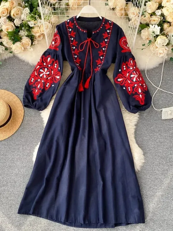 Women Autumn Dresses Bohemian Embroidered Flower O-Neck Lantern Sleeve High Waist Pleated Dress All-match Female Vestidos PL393 — image 7