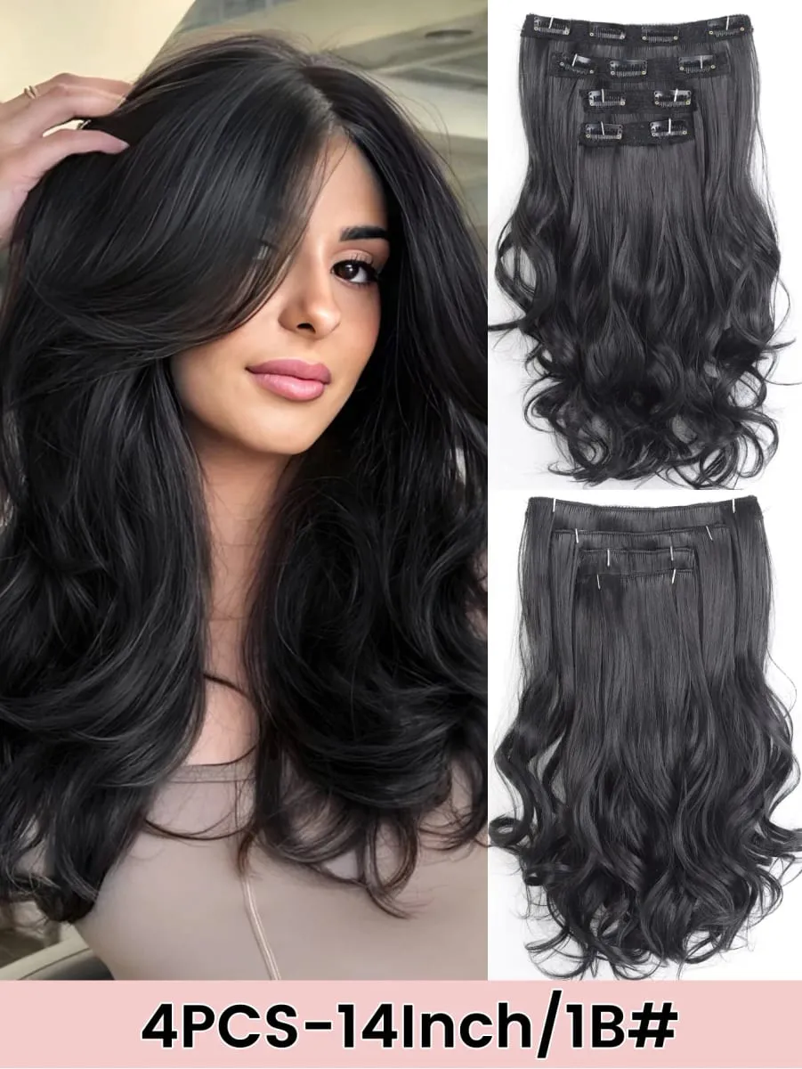 4PCS Full Head 14 Inch Long Curly Wavy Synthetic Hair Pieces Clip In Hair Extensions Natural Wavy For Women Girls Hair
