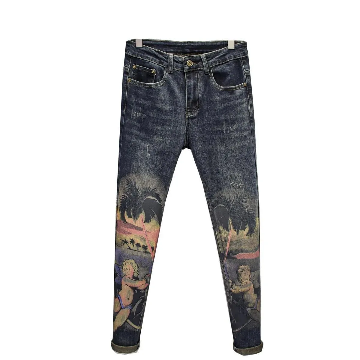 Spring and Autumn New Fashion Trend Printed Straight Leg Elastic Jeans For Men's Casual Retro Sports High-Quality Jeans 28-36