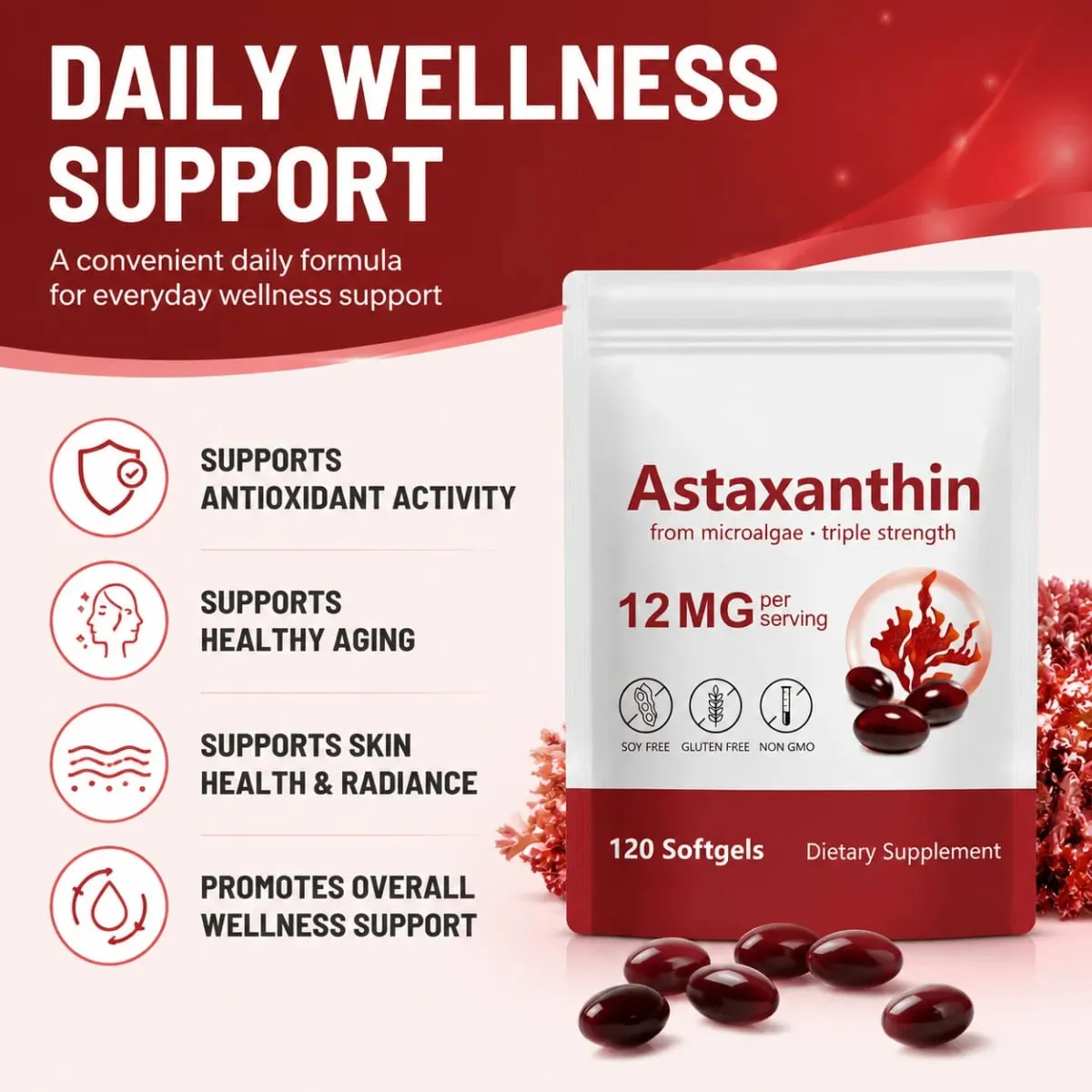 Astaxanthin Supplement 12mg Softgels from Microalgae with Antioxidant Support for Skin Health & Healthy Aging 120 Count — image 2