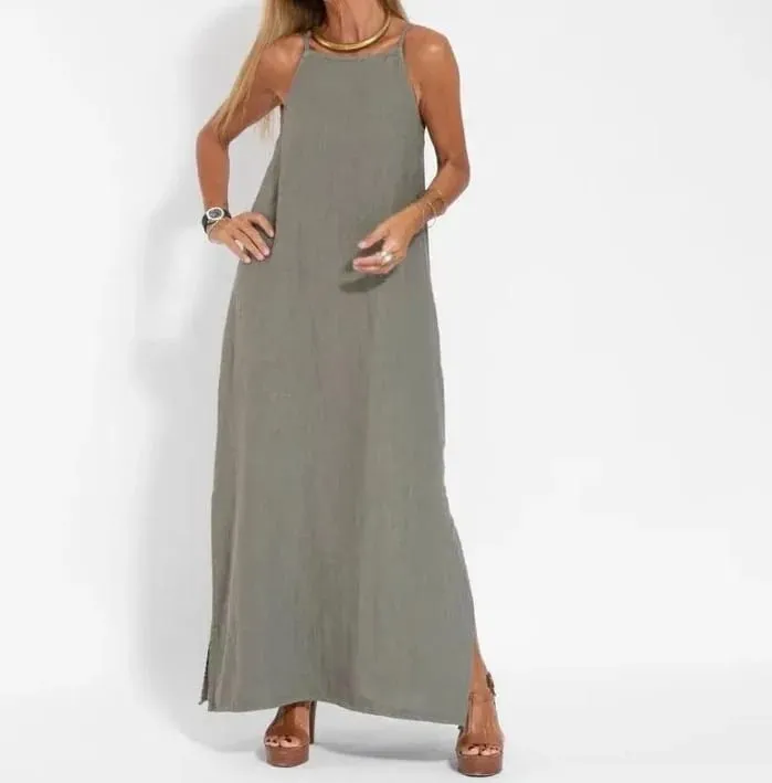 Vestido longo feminino de algodão e linho com divisão lateral, verão, sem alças, cor sólida, vestidos de festa de fim de ano — image 2