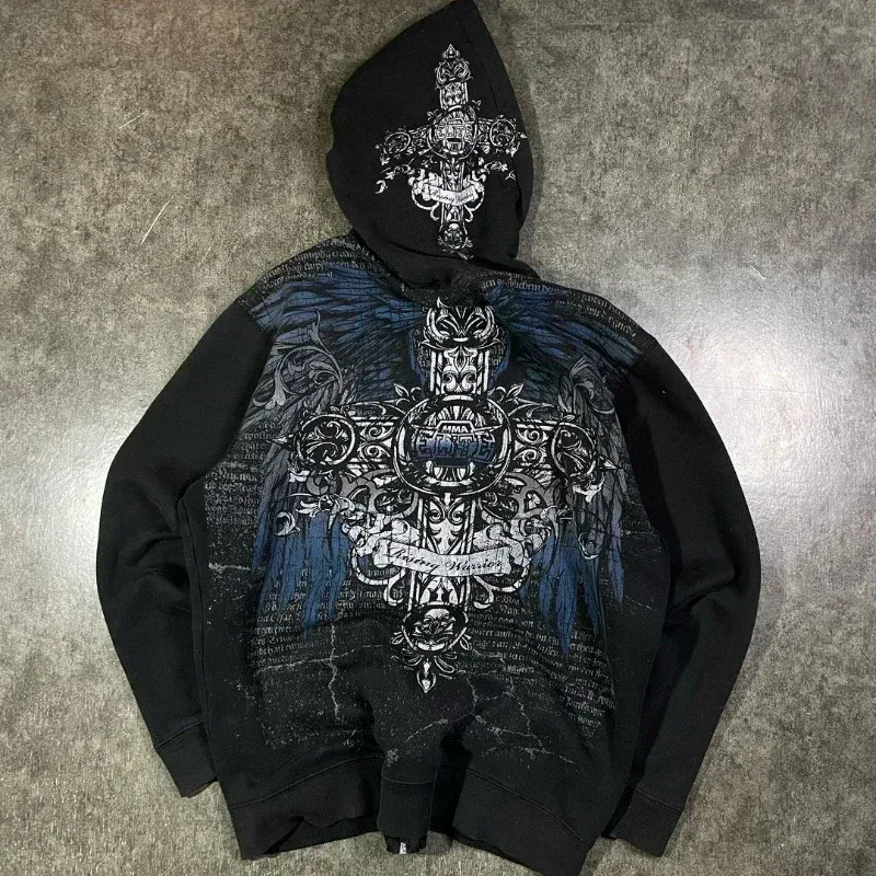 Mens Zip Up Hoodie Azul Escuro Asas Imprimir Gráfico Exclusivo Y2K Streetwear Americano Urbano Pulôver Roupas Juvenis Moletom Com Capuz — image 10