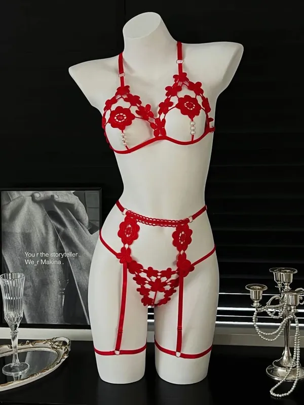 3Pcs/Set Pearl Sexy Bra Set Women Bralette Girls Pearl Underwear Thong Erotic Open Sleepwear Transparent Bras Lingerie Sets — image 4