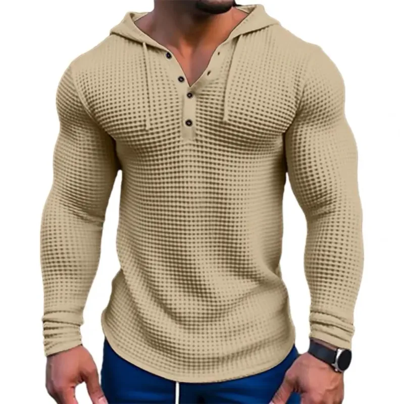 Våren Enfärgad Slim Fit Långärmad T-shirt Herr Huva Andas Sport Topp Våffel Bomull Casual Långärmad Skjorta — image 9