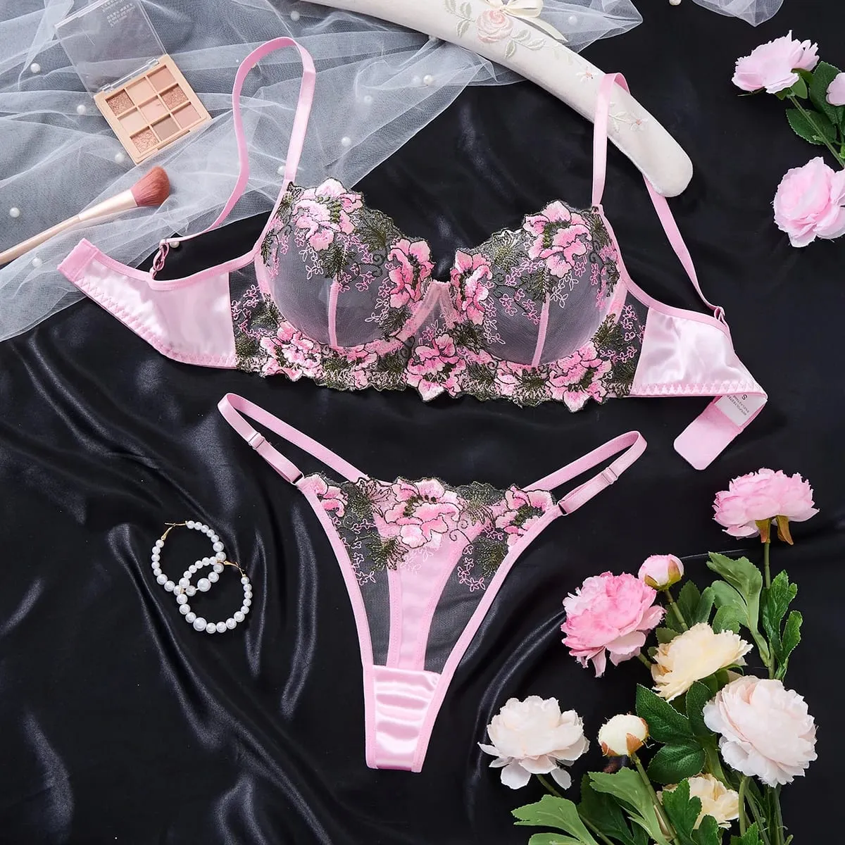 Women Floral Embroidery Lace Lingerie Set Push‑Up Bra & Thong Mesh Satin Intimate Underwear for Daily Nightwear ZA825146