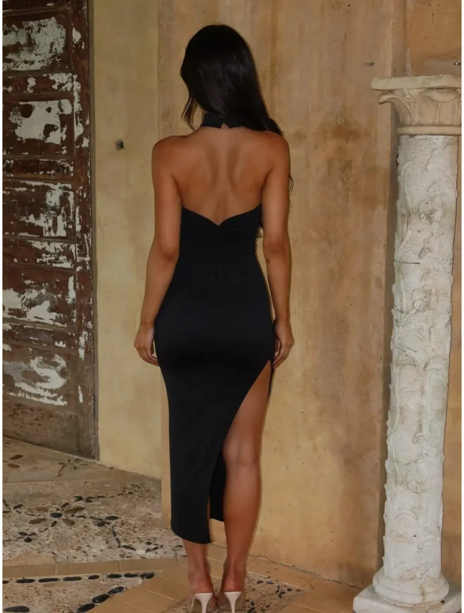 Women's sleeveless slanted shoulder slim fit patchwork solid color evening dress dress — image 3