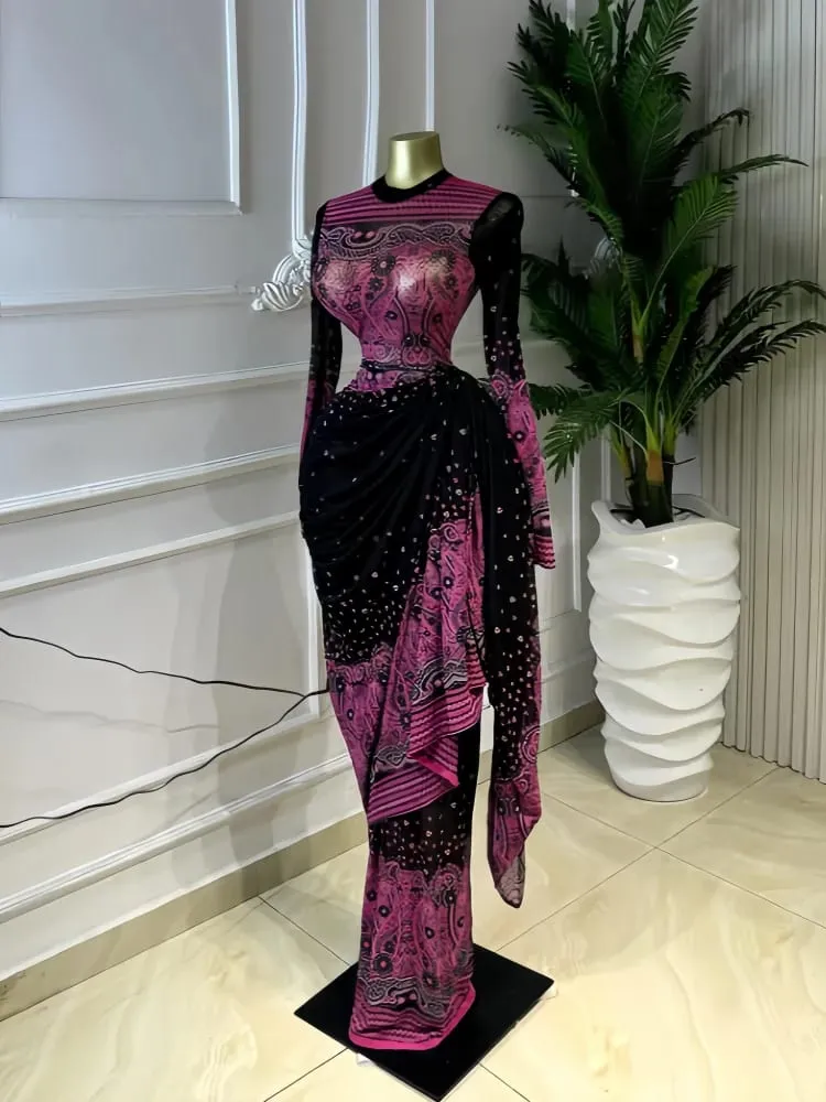 CM.YAYA Women Tie Dye Printed Stacked Ruched Long Sleeve Midi Bodycon Maxi Long Dress Birthday Party Education Trendy Dresses