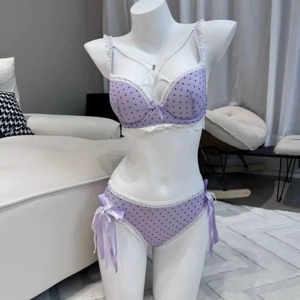 Beautiful Dots Lace Bra Set Bowknots Lace-up Bra Panties Set Love Heart Intimates Push Up Bra Women Romantic Evenings — image 5