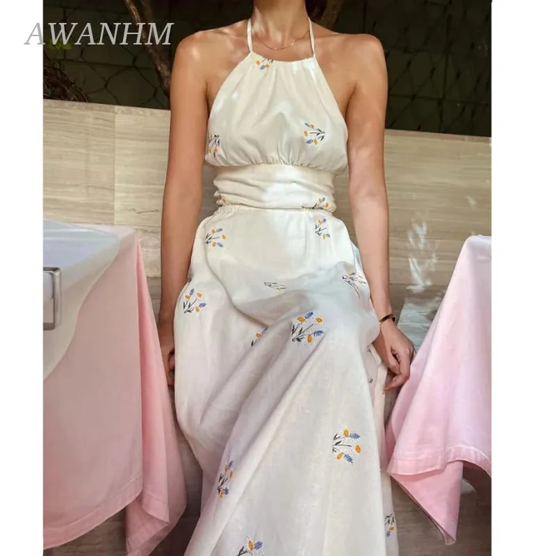 Vestido feminino de verão sem mangas de algodão cânhamo com gola halter bordado margarida sem costas vestido longo com renda