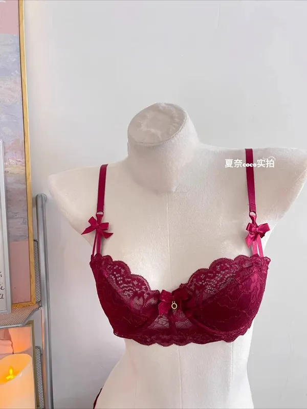 Elegant Lace Half Cup Bra Set Women Soft Underwire Gathered Thin Support Modest Exquisite Lace Comfort Lingerie Set 4 Colors 32- — image 9