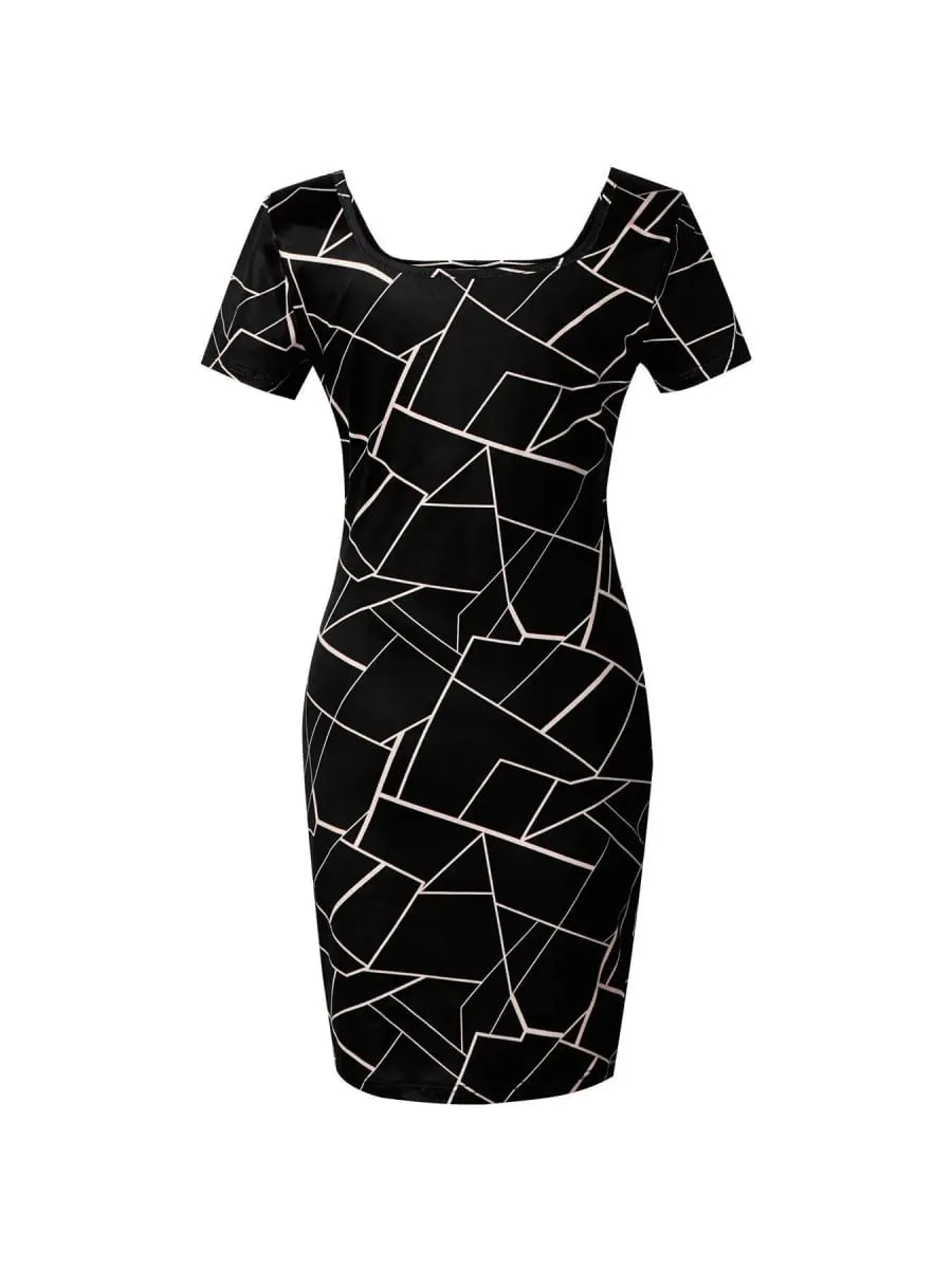Women Dress Square Neck Short Sleeve Geometric Print Bodycon Mini Dress Sleek Spring Summer Chic Party Club Night Out Flattering — image 4