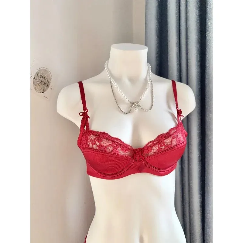 Popular Red Lace Minimizer Bra Set Ladies Half Cup Ultra Thin Big Bust Soft Support Bridal Party Honeymoon Night Out 32-38 Suit — image 6