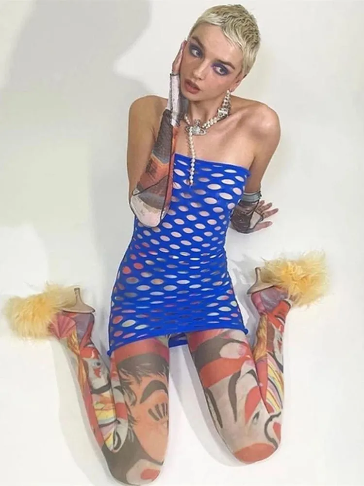 שמלת Bodycon בחתיכה אחת לנשים ללבוש מועדון לילה רשת דייגים סקסית לנשים מביטה דרך חצאית קצרה חלולה פרספקטיבה ארוטית לילה — image 2