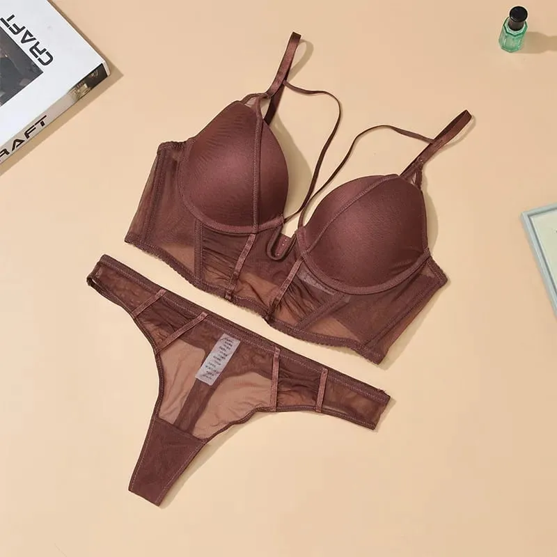 Lingerie oca com decote em v profundo espinha de peixe roupa íntima push up feminino sexy alongar sutiã e calcinha conjuntos moda jovens meninas íntimas — image 3