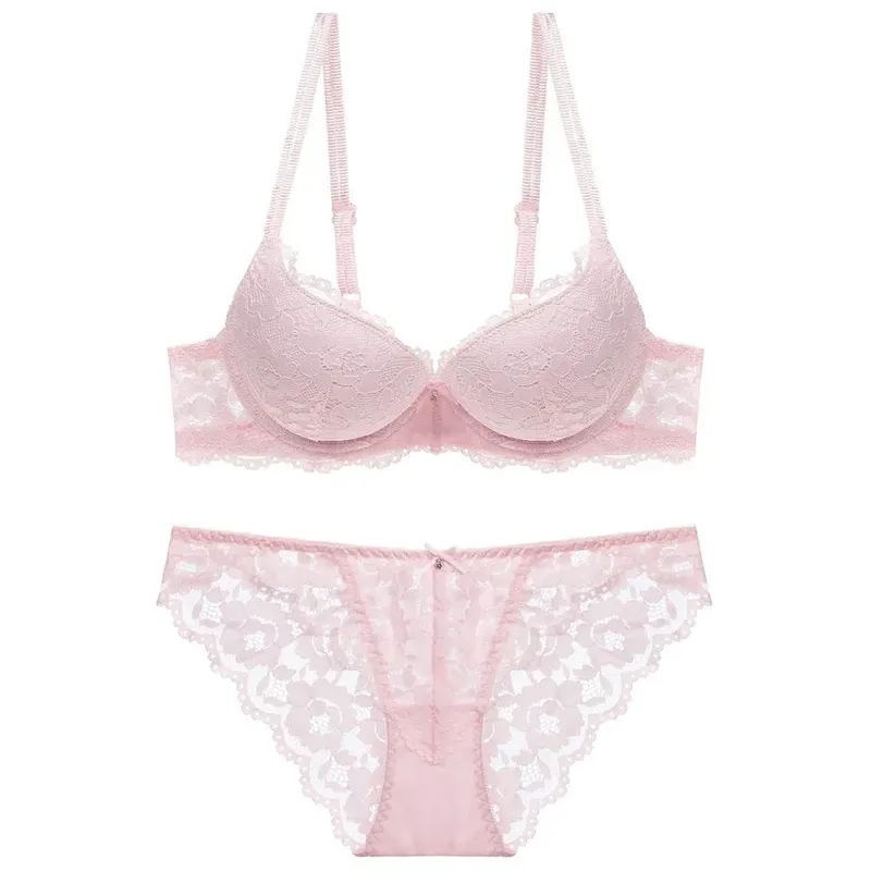 Fashion Mesh Lace Flower Bra Bowknot Non Slip Bra Panties Set Lingerie Intimates Seamless Underwear Set Summer