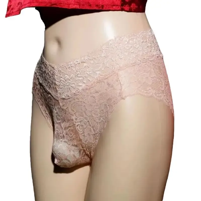 Sissy bolsa roupa interior masculina ultra-fina calcinha de renda oco malha briefs crossdressing feminização cuecas gays lingerie — image 8