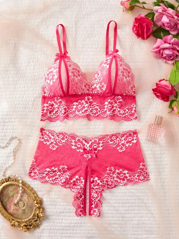 Sexy Lingerie Set Women Lace Bra at Panty See Through Floral Embroidery Bralette Transparent Erotic Underwear Bow Nightwear — image 8