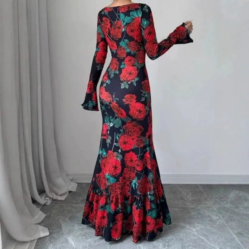 Elegant Rose Printed Maxi Dress O Neck Long Sleeves Bodycon Fishtail Dress Figure Slim Rose Floral Pattern Adds Charm Long Dress