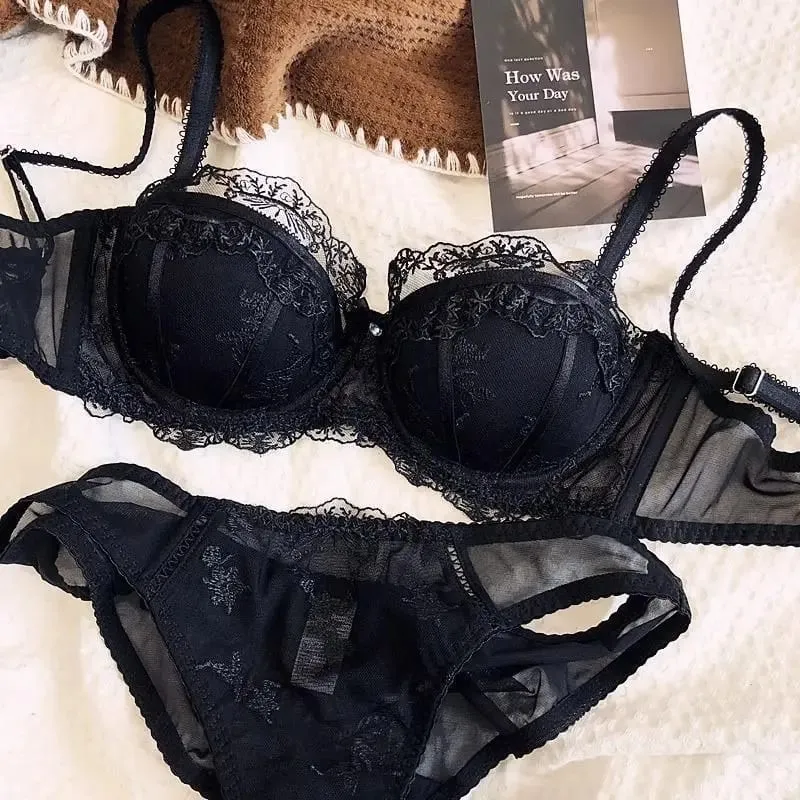 French Embroidered Lace Lingerie Two-Piece Set Lightweight Breathable Soft Underwired Bra with Light Support for Smaller Busts — image 8