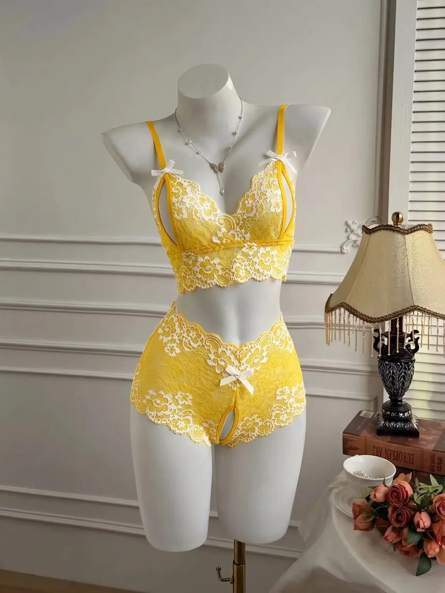 Sexy Lingerie Set Women Lace Bra Panty See Through Floral Embroidery Bralette Transparent Erotic Underwear Bow Intimates — image 3
