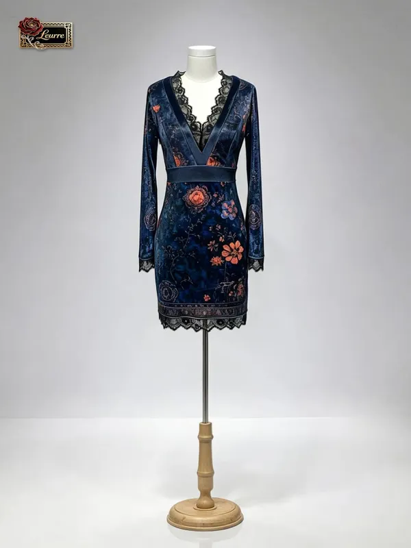 Velvet Bodycon Mini Dress V‑Neck Lace Trim Long Sleeve Vintage Floral Print Slim Fit Elegant Short Party Evening Club Dres