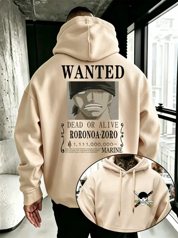 Bandai One Piece Mens Hoodie New Autumn Winter High Quality Warm Pullover Featuring Zoro Wanted Poster Print Casual Style — image 5
