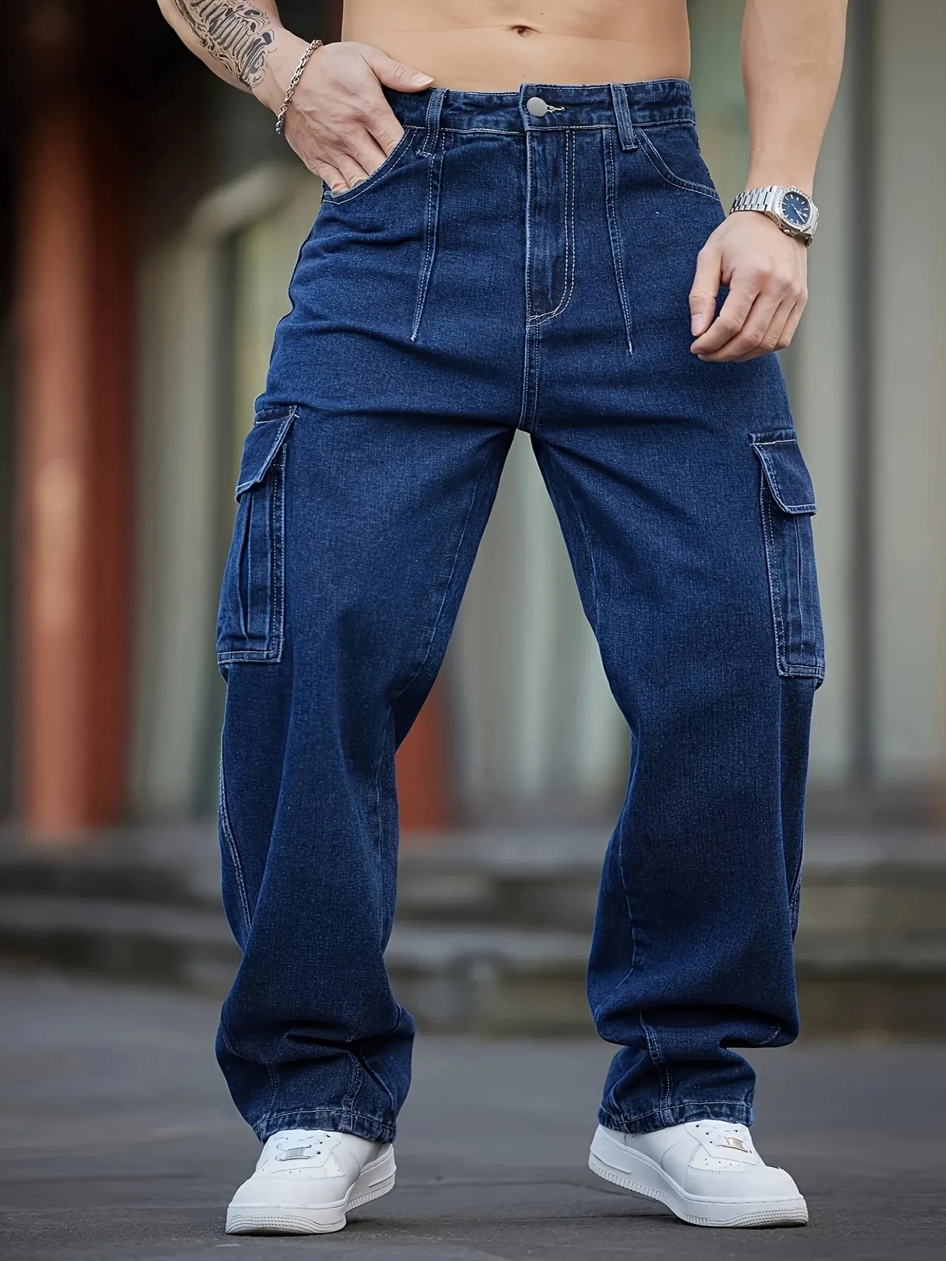 Men's Deep Blue Washed Denim Workwear Jeans Casual Multiple Pockets Design Loose Wide Leg Trousers Y2K Style Cargo Pants — image 8