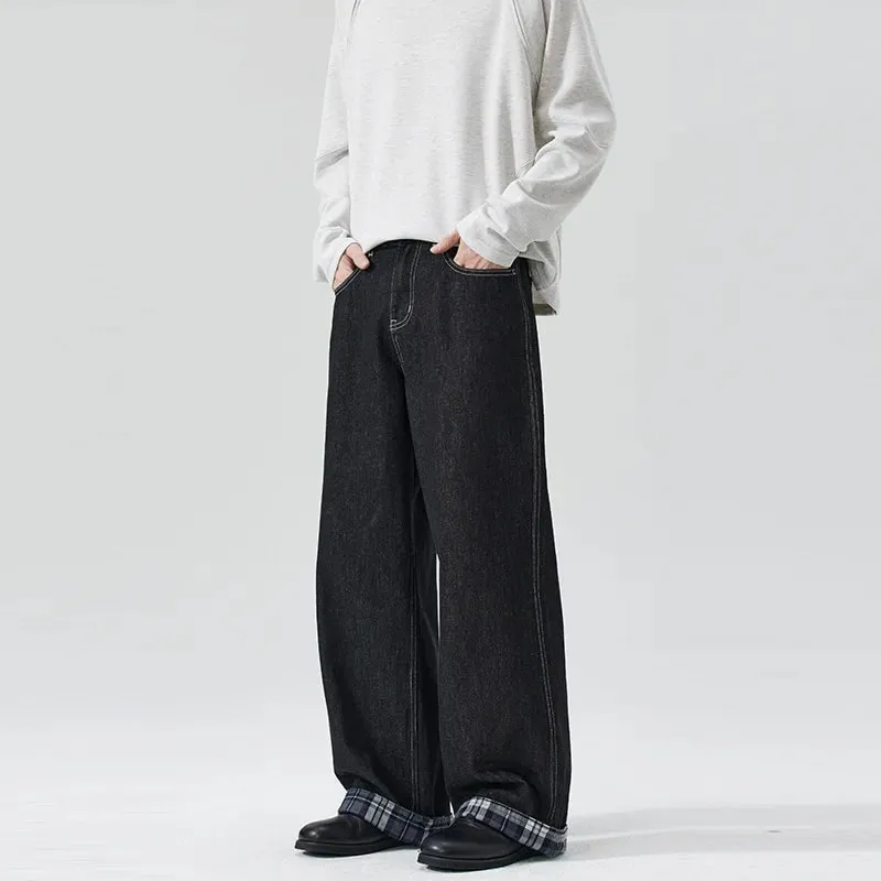 Men's Denim Black Jeans 2026 New American Style Trendy Plaid Bottoms Patchwork Raw Long Pants Loose Straight Trousers X2560 — image 6