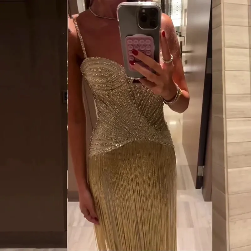 Sexig omlottbröst ärmlös ihålig tofsklänning Mode rygglös slim fit aftonklänning Glänsande paljetter med hög midja Lång klänning för kvinnor — image 5