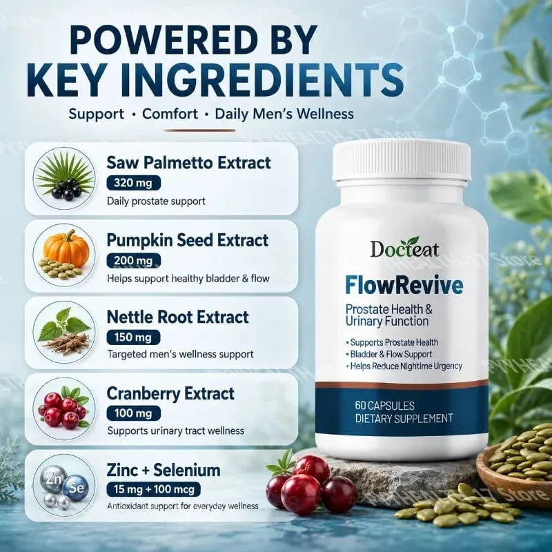 Docteat FlowRevive, Cápsulas de Suporte Urinário e de Próstata com Semente de Abóbora Saw Palmetto e Extrato de Casca de Pygeum - 60 Cápsulas — image 2